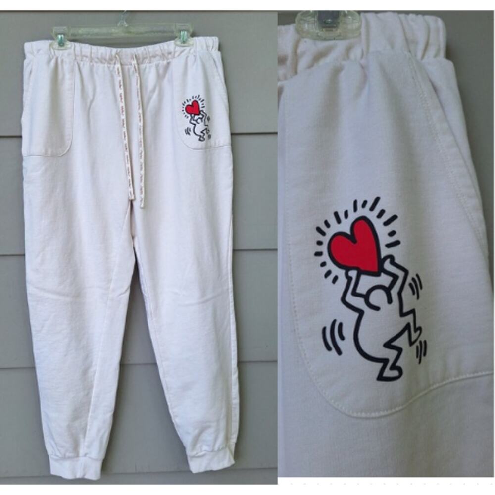 Keith Haring Women's Ivory Cream Graphic Fleece Jogger Sweatpants Man Heart L